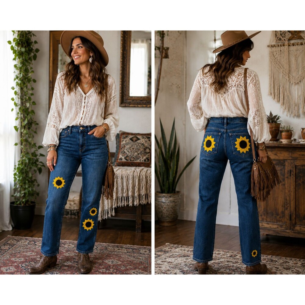 Re-imagined J. Crew Women Jeans Sz 27 Vintage Slim Straight Blue 9"  Sunflowers